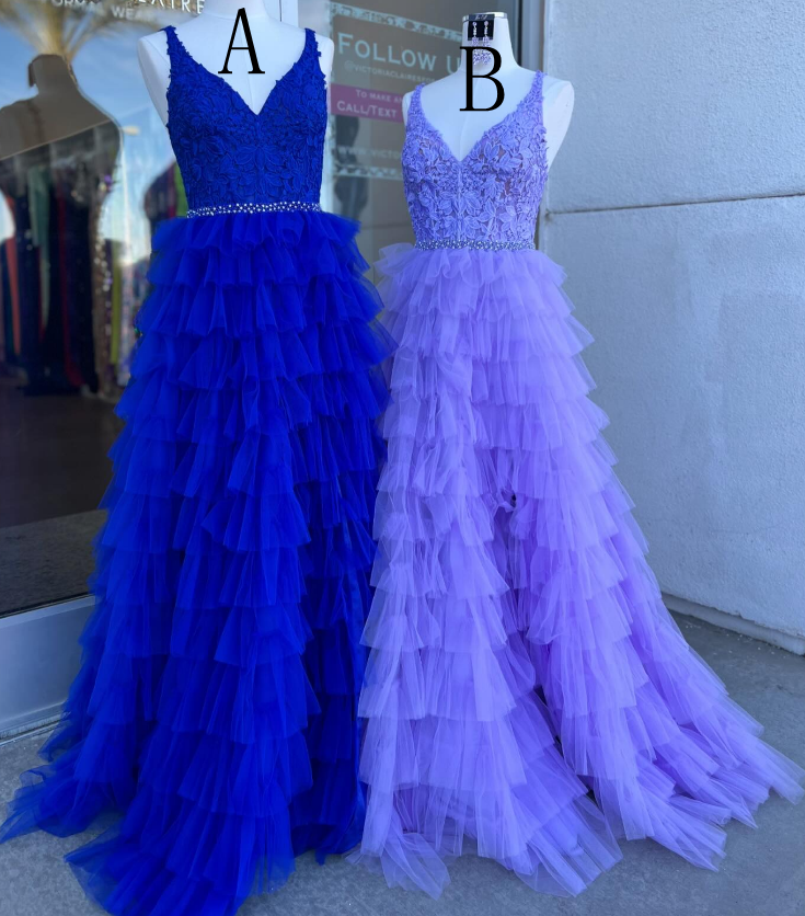 V-neck Long Prom Dresses with Lace Top and Ruffle Skirt