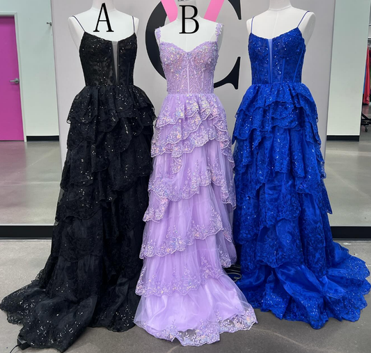 Straps Sparkly Lace Long Prom Dresses with Ruffle Skirt