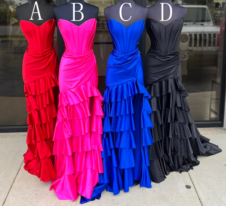 Strapless Mermaid Long Prom Dresses with Ruffle Skirt