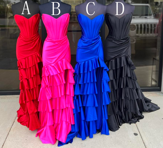 Strapless Mermaid Long Prom Dresses with Ruffle Skirt