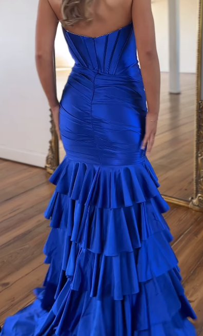 Strapless Mermaid Long Prom Dresses with Ruffle Skirt