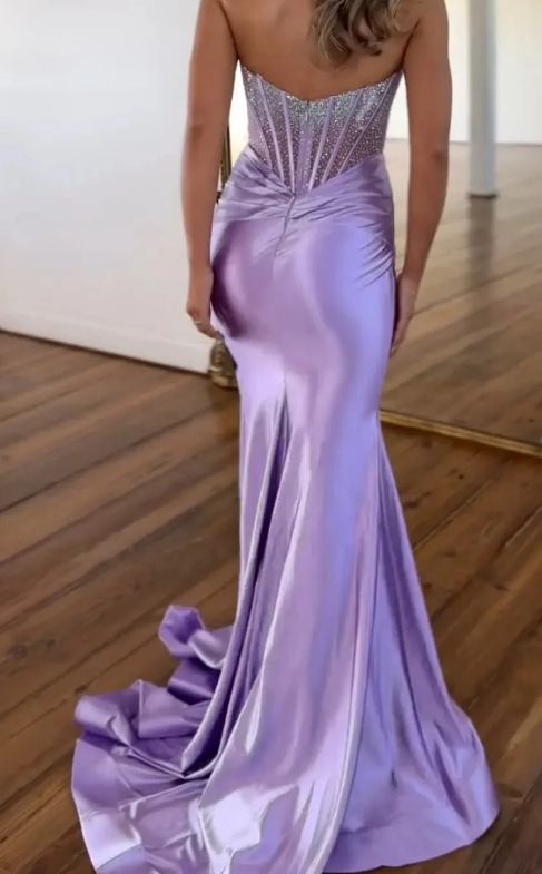 Strapless Mermaid Long Prom Dresses with Beaded Top