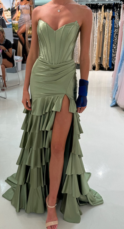 Strapless Mermaid Long Prom Dress with Ruffle Skirt Slit