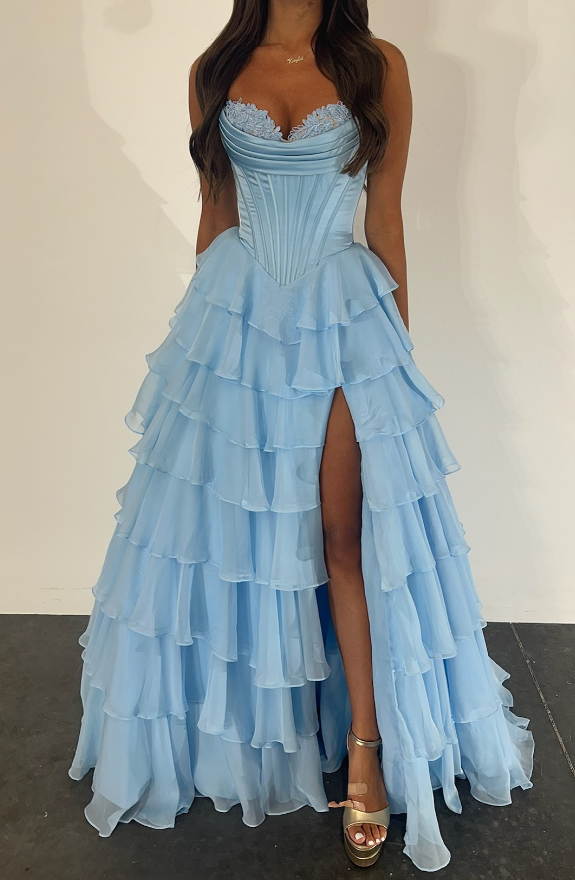 Strapless Ball Gown Long Prom Dress with Chiffon Ruffle Skirt