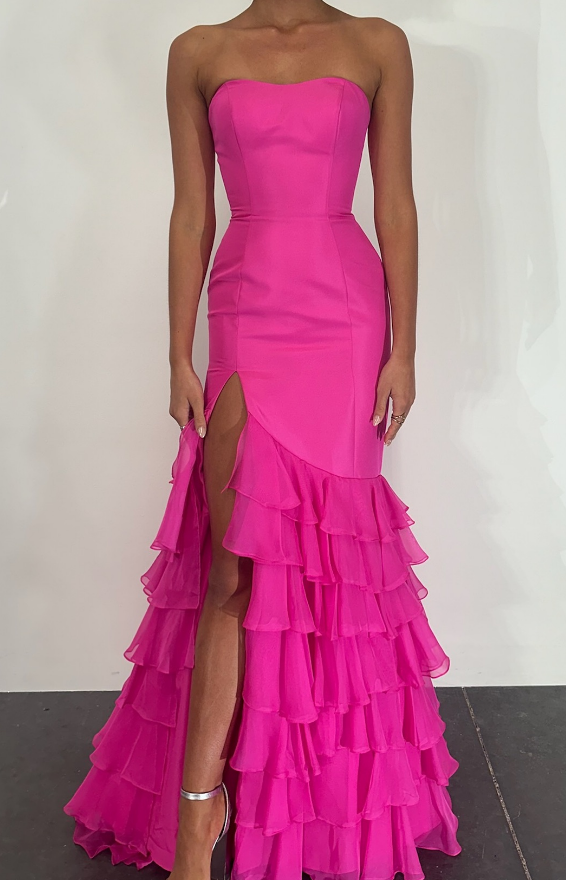 Strapless Mermaid Long Prom Dress with Chiffon Ruffle Skirt