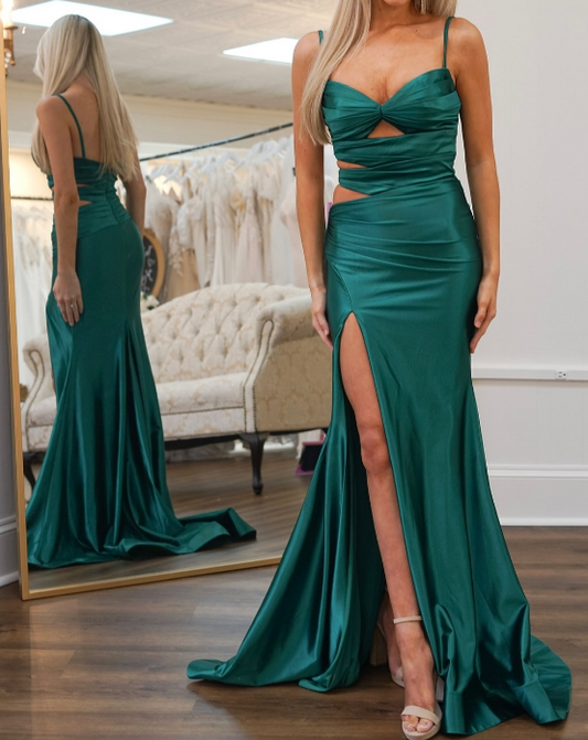 Straps Fitted Long Prom Dress with Side Cuts and a High Skirt Slit