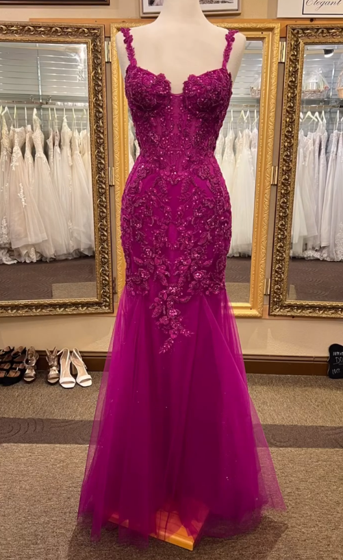 Straps Tulle/Lace Mermaid Long Prom Dress with Beading