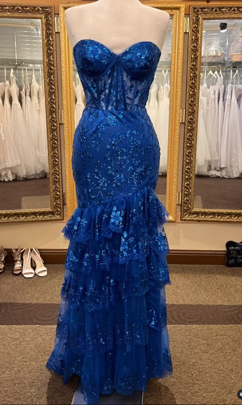 Sparkly Lace Mermaid Long Prom Dress with Ruffle Skirt