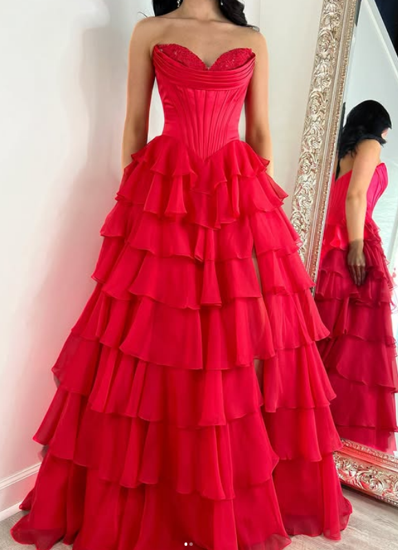 Strapless Ball Gown Long Prom Dress with Ruffle Skirt