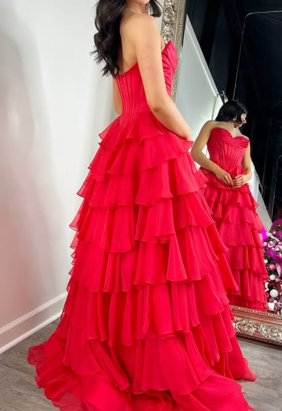 Strapless Ball Gown Long Prom Dress with Ruffle Skirt