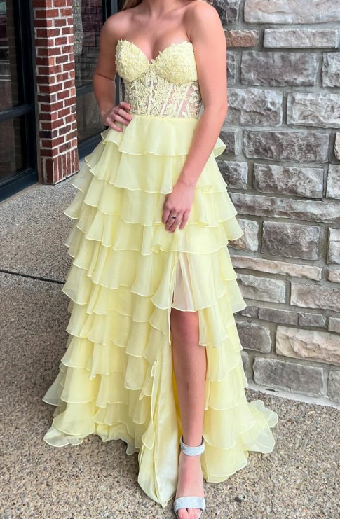 Strapless Long Prom Dress with Leaf Lace Top and Chiffon Ruffle Skirt