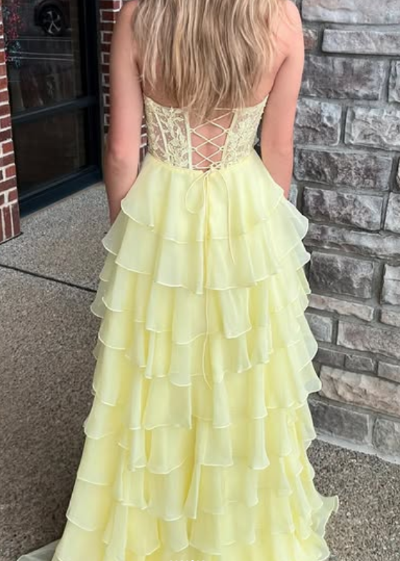 Strapless Long Prom Dress with Leaf Lace Top and Chiffon Ruffle Skirt