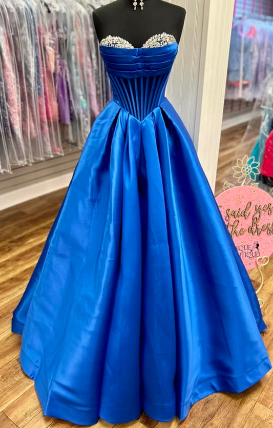 Strapless Royal Blue Long Prom Dress with Beading