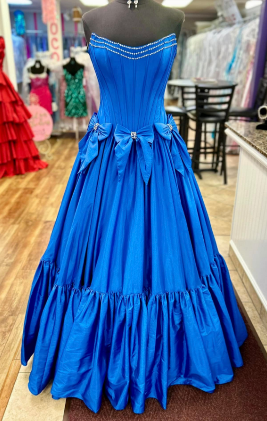 Strapless Royal Blue Long Prom Dress with Beading and Bow