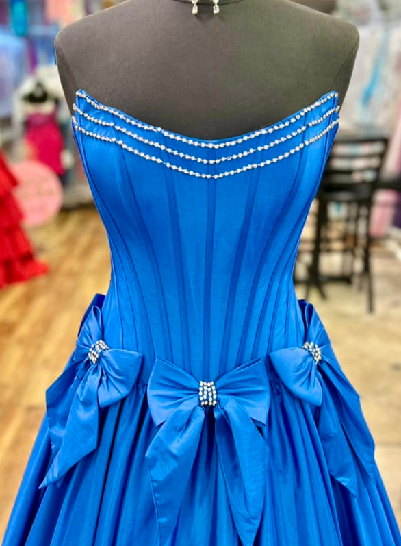 Strapless Royal Blue Long Prom Dress with Beading and Bow