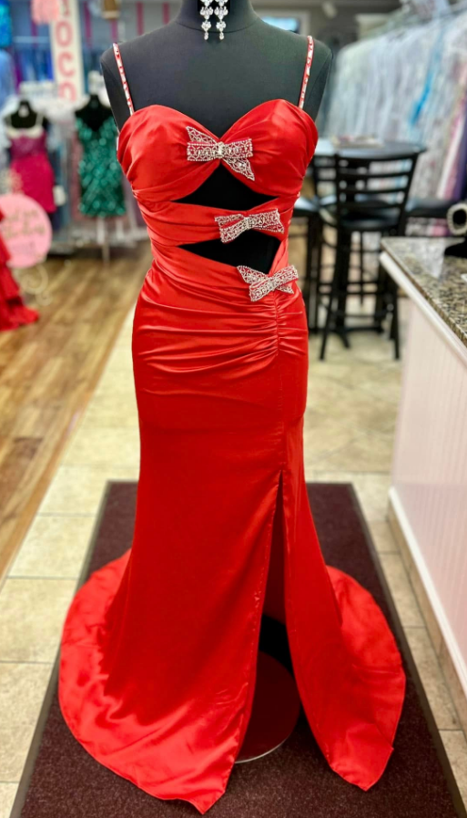 Straps Red Mermaid Long Prom Dresses with Cut Holes