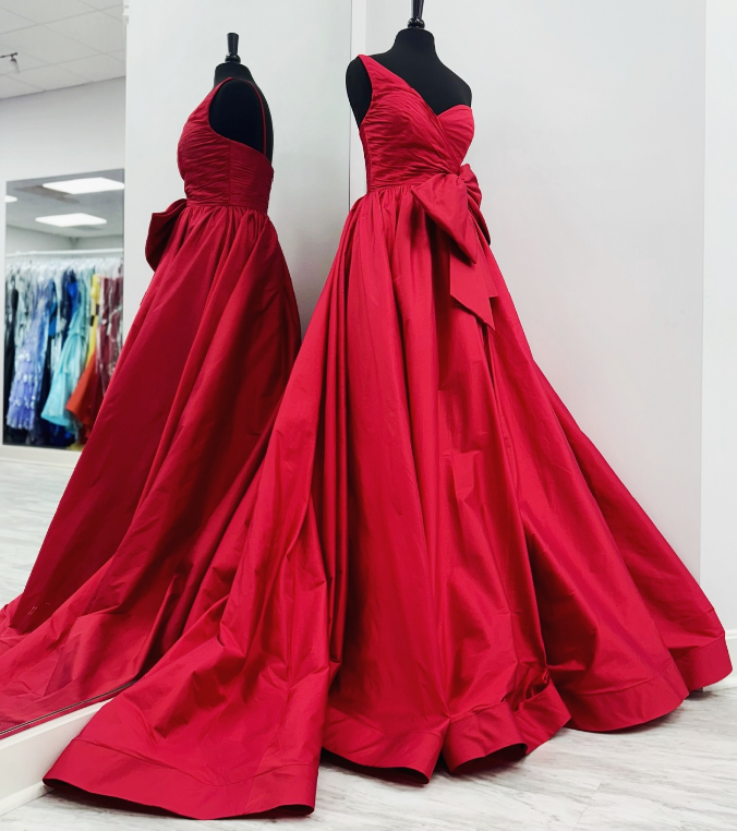 One Shoulder Red Long Prom Dress with Bow on Waist