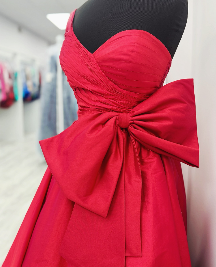 One Shoulder Red Long Prom Dress with Bow on Waist