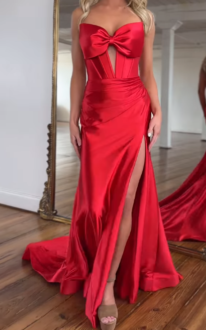 Red Mermaid Long Prom Dress with Bow and Slit