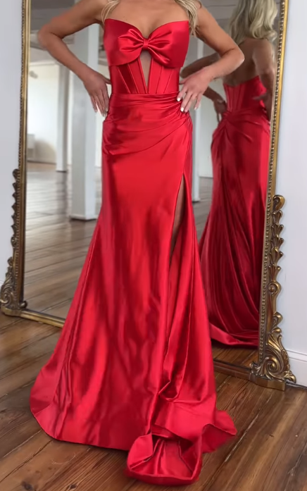 Red Mermaid Long Prom Dress with Bow and Slit