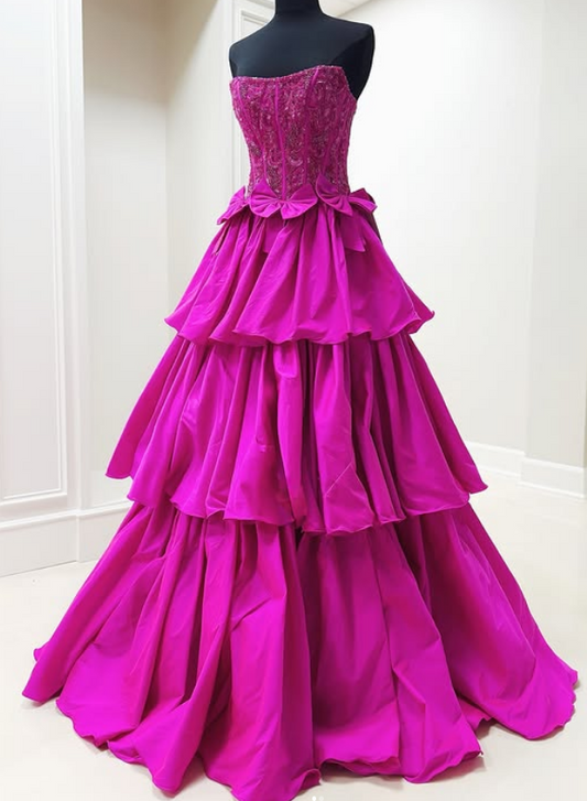 Strapless Ruffle Long Prom Dress with Beaded Bodice and Waistline Bows