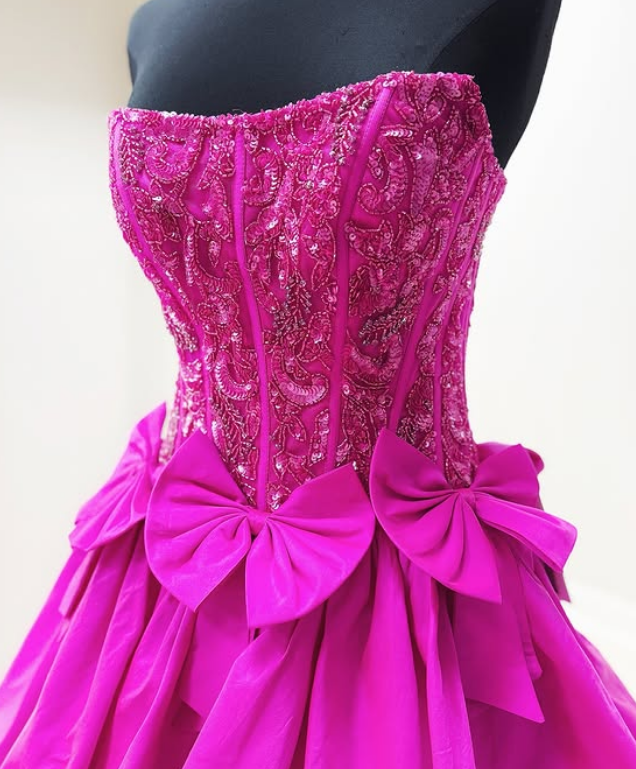 Strapless Ruffle Long Prom Dress with Beaded Bodice and Waistline Bows