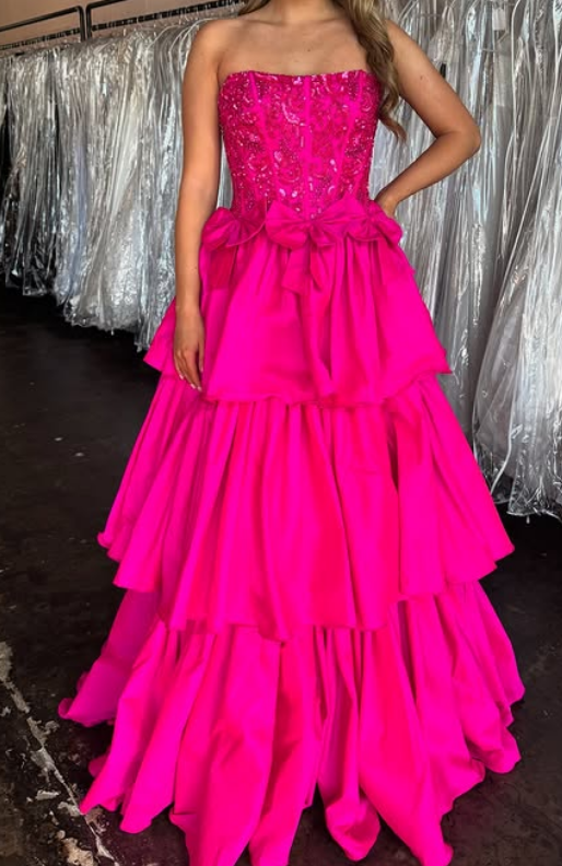 Strapless Ruffle Long Prom Dress with Beaded Bodice and Waistline Bows