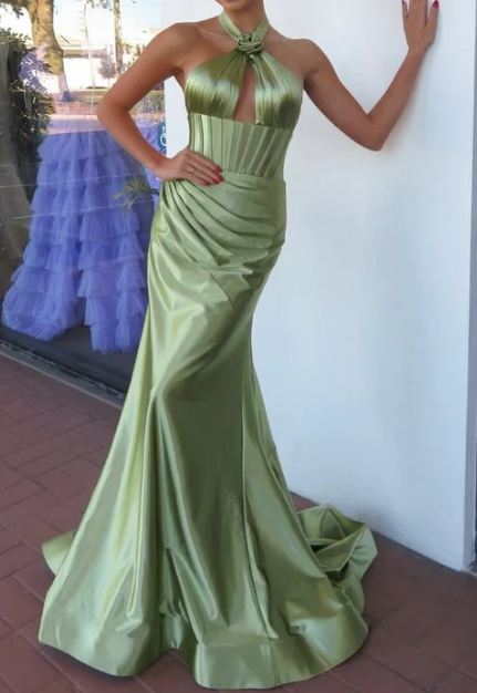 Halter Mermaid Long Prom Dress with Rosette Embellishment