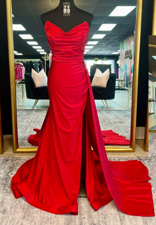 red mermaid dress with slit ZAPAKA Women Sparkly Red Mermaid Prom Dress With Beading Corset Strapless Ruched Long Party Dress With Slit, Red / US14