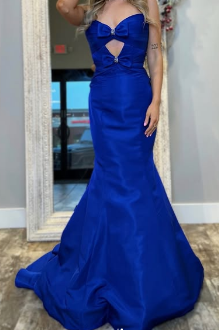 Royal Blue Mermaid Long Prom Dress with Bow and Keyhole