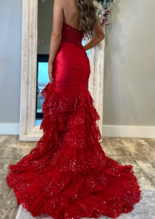 Red Mermaid Long Prom Dress with Ruffle Skirt