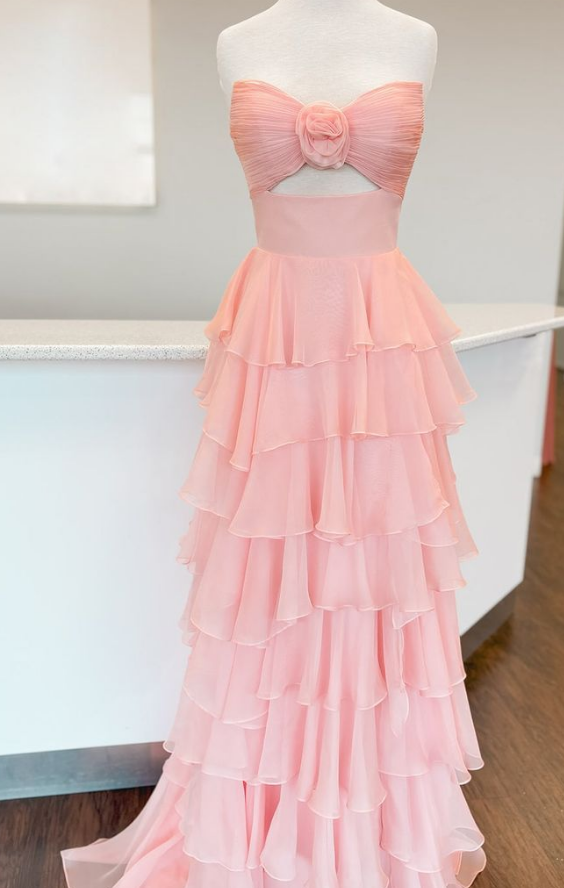 Strapless Long Prom Dresses with Keyhole and Ruffle Skirt