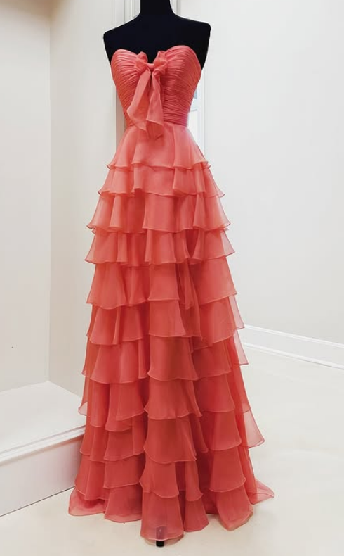 Chiffon Long Prom Dress with Bow on Bodice and Ruffle Skirt