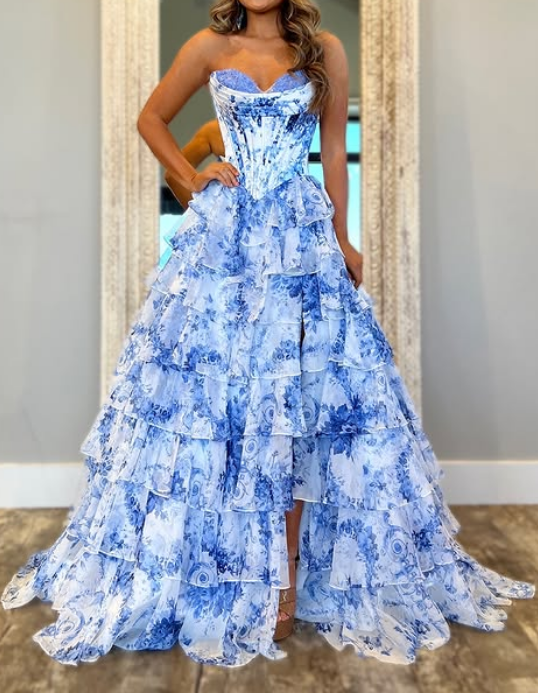 Floral Blue Print Strapless Long Prom Dress with Chiffon Ruffle Skirt