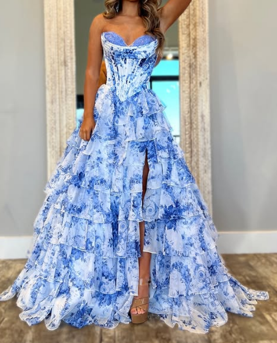 Floral Blue Print Strapless Long Prom Dress with Chiffon Ruffle Skirt