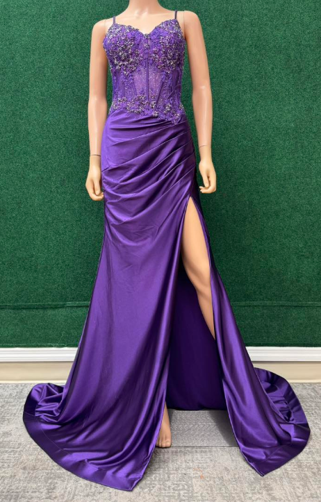 Straps Mermaid Long Prom Dress with Lace Top and Skirt Slit