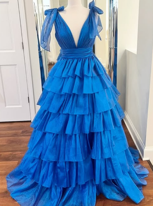 V-neck Long Prom Dress with Ruffle Skirt