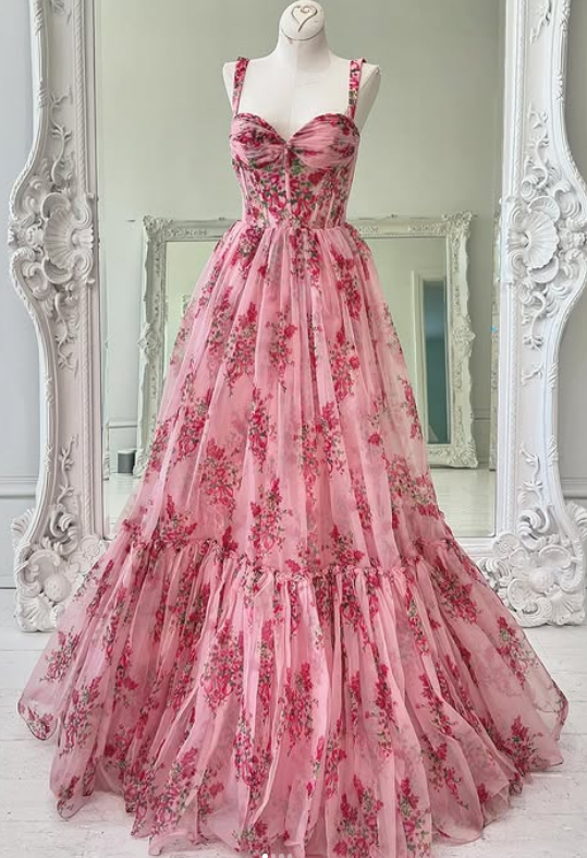 Straps A-line Floral Print Long Prom Dress