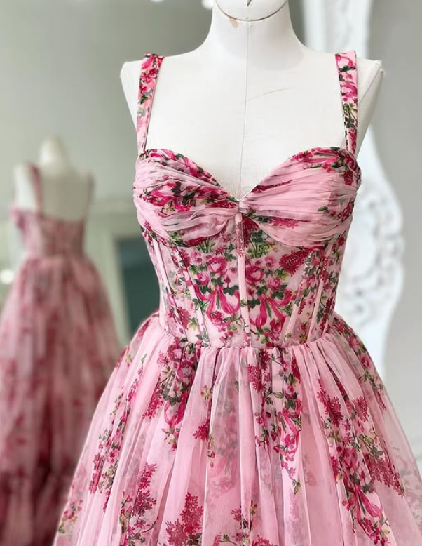 Straps A-line Floral Print Long Prom Dress