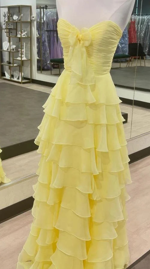 Chiffon Long Prom Dress with Bow on Bodice and Ruffle Skirt