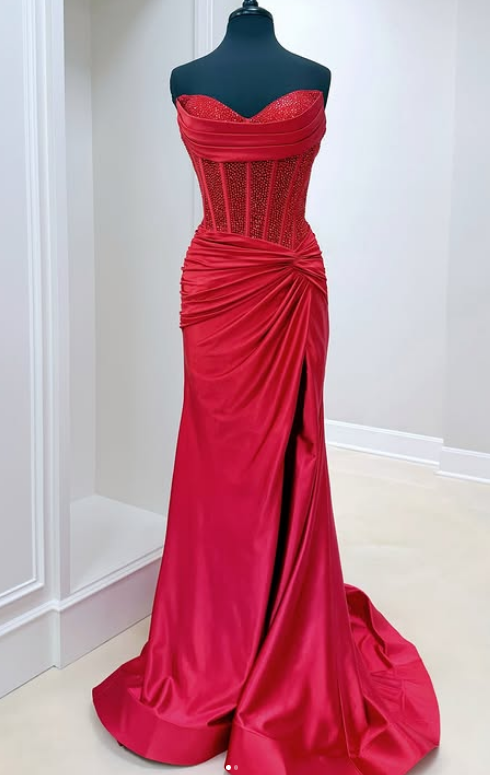Red Sweetheart Long Prom Dress with Beading and Skirt Slit