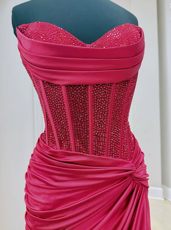 Red Sweetheart Long Prom Dress with Beading and Skirt Slit