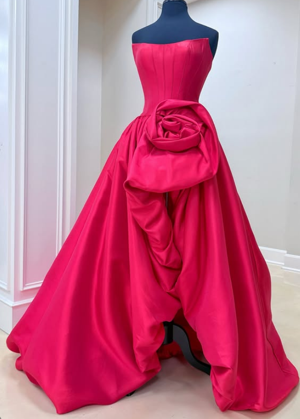 Red Strapless Long Prom Dress with Flower