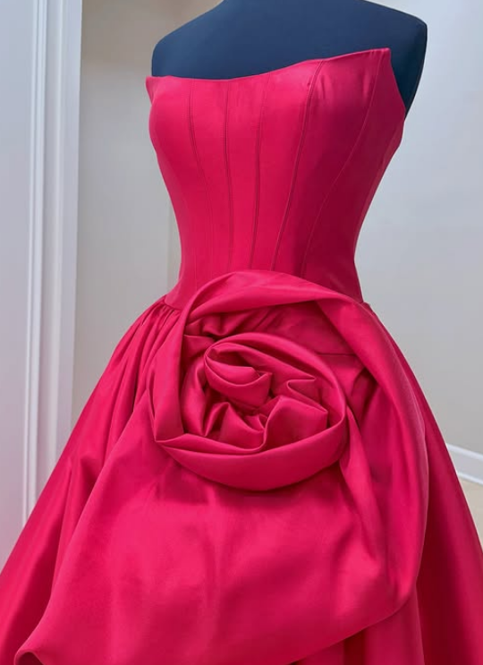 Red Strapless Long Prom Dress with Flower