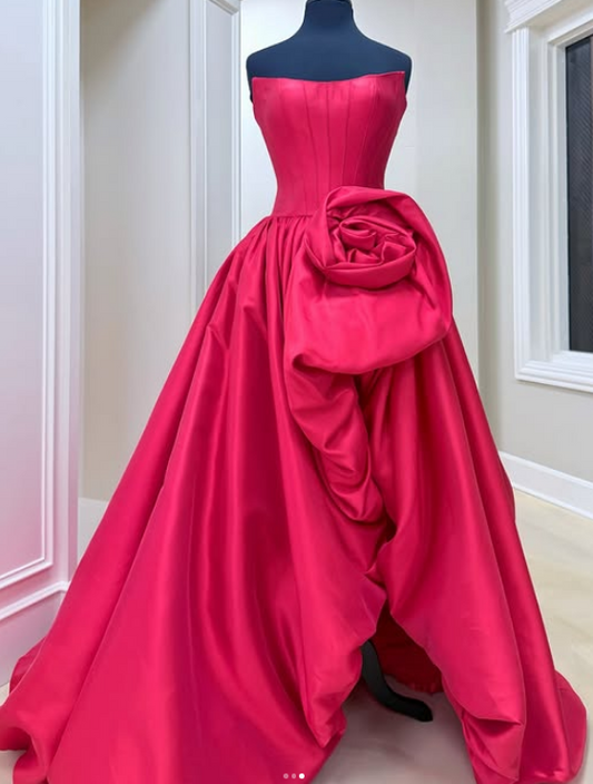 Red Strapless Long Prom Dress with Flower