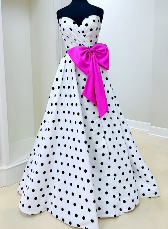 Strapless Polka Dot Long Prom Dress with Bow and Skirt Slit