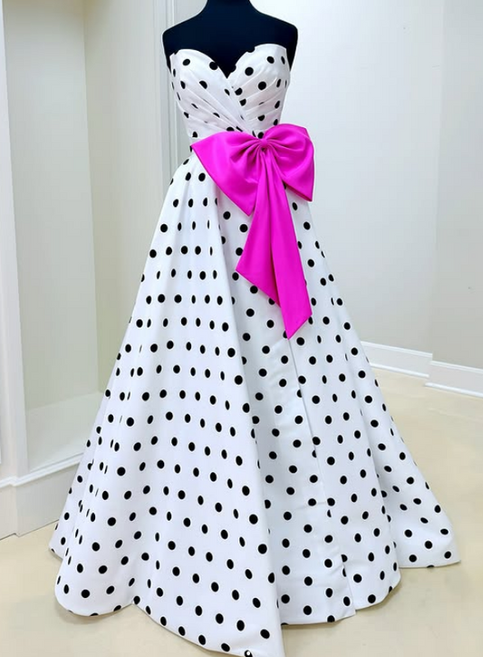 Strapless Polka Dot Long Prom Dress with Bow and Skirt Slit