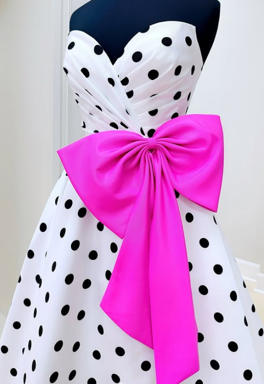 Strapless Polka Dot Long Prom Dress with Bow and Skirt Slit