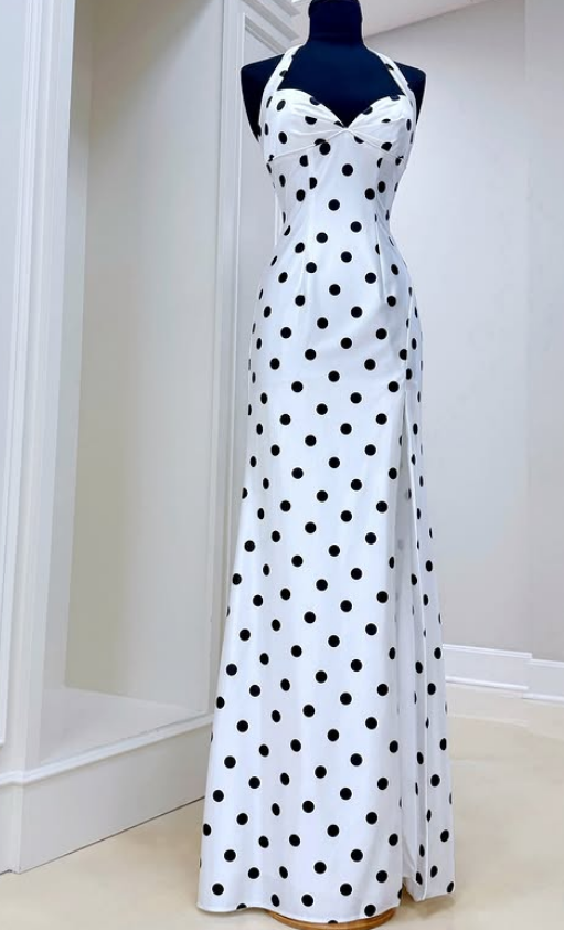 Fitted Polka Dot Long Prom Dress with High Slit and Halter Neckline