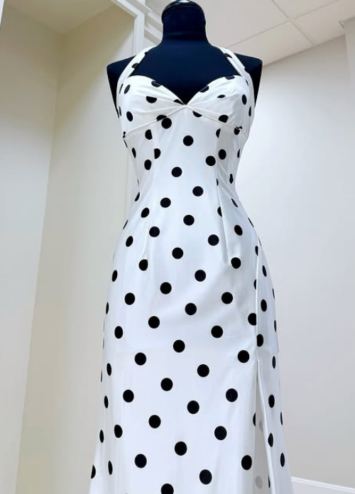 Fitted Polka Dot Long Prom Dress with High Slit and Halter Neckline   DressesTailor